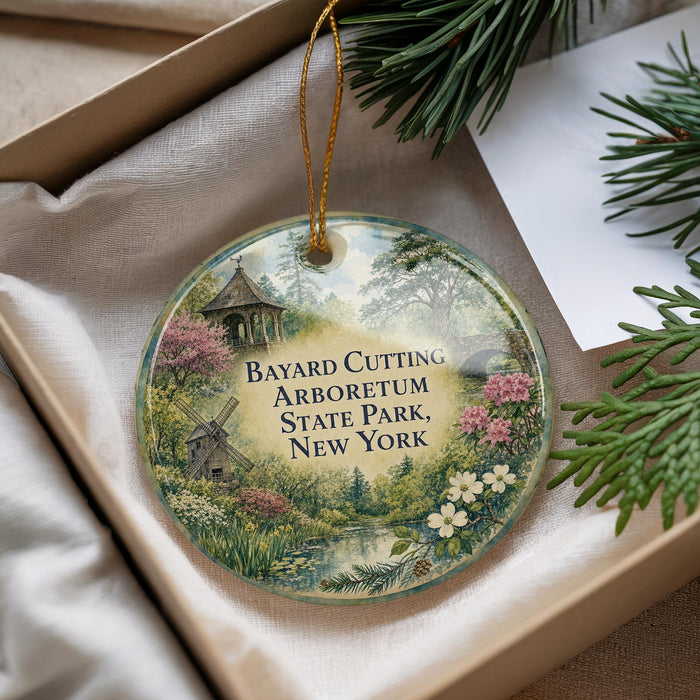 A round ornament with a garden scene and text, placed in a box with pine branches.