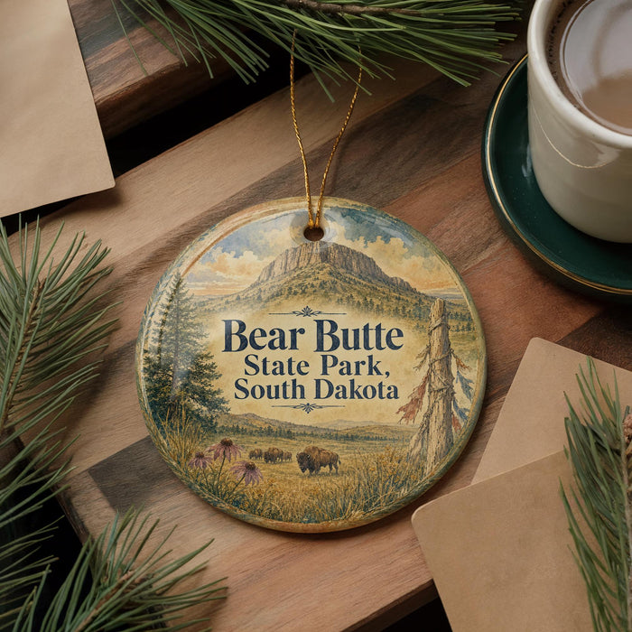 A round ornament with a scenic landscape of Bear Butte State Park, South Dakota, featuring a mountain, pine trees, and wildlife.