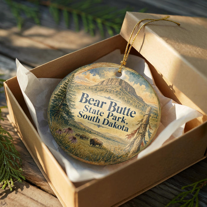 A wooden box containing a decorative ornament with a scenic landscape of Bear Butte State Park in South Dakota.