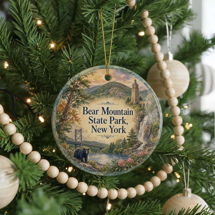 A round ornament hanging on a Christmas tree, featuring a scenic image of Bear Mountain State Park, New York.