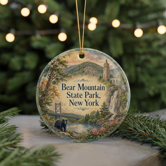 A round ornament with a scenic image of Bear Mountain State Park, New York, featuring a bear, a bridge, and a waterfall.