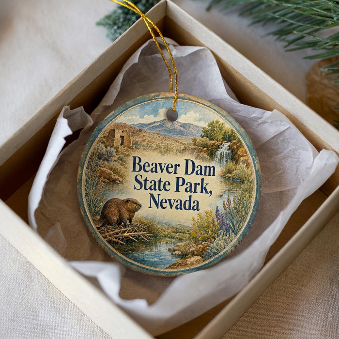 A round ornament with a painting of a beaver in Beaver Dam State Park, Nevada, placed in a box with a white tissue paper lining.