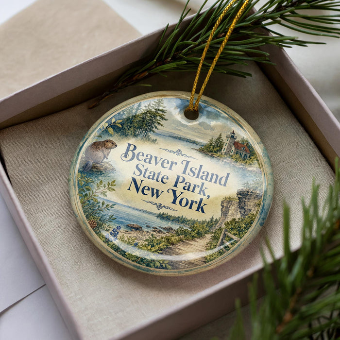 A decorative ornament in a box, featuring a scenic image of Beaver Island State Park, New York.