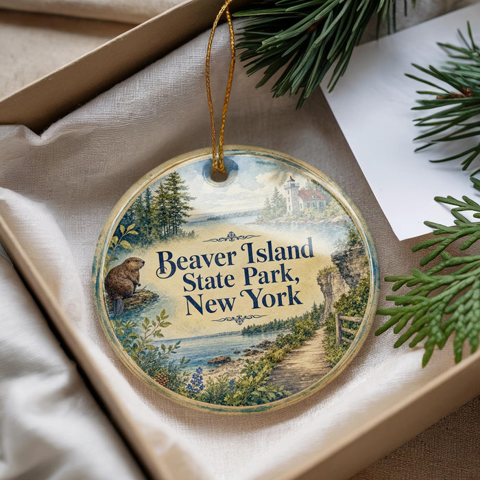 A round ornament with a scenic image of Beaver Island State Park, New York, hanging from a string.