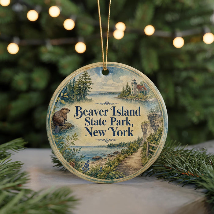 A round ornament with a painting of Beaver Island State Park, New York, featuring a bear and a lighthouse, is displayed on a Christmas tree.