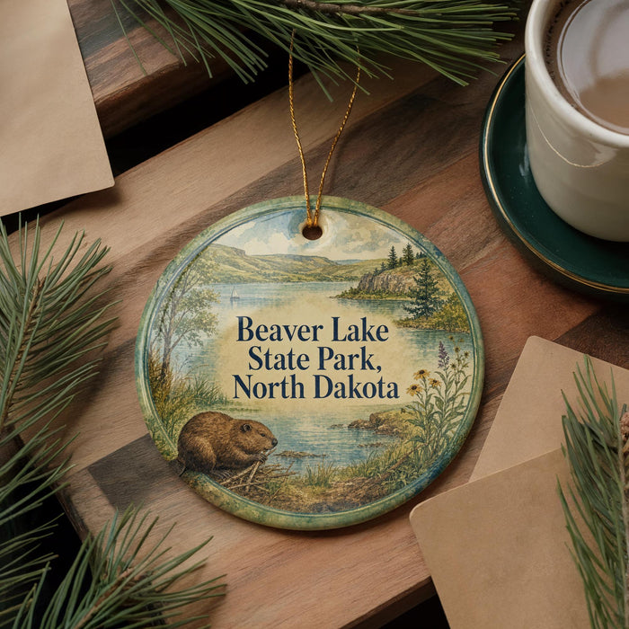A round ornament with a scenic image of Beaver Lake State Park, North Dakota, featuring a beaver in a pond surrounded by pine trees.