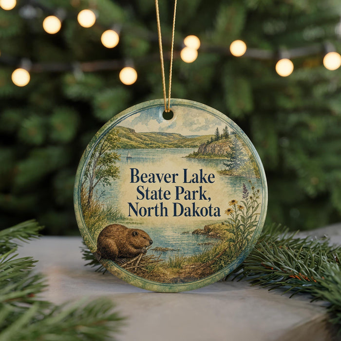 A round ornament with a painting of a beaver in a natural setting, surrounded by greenery, with the text "Beaver Lake State Park, North Dakota" displayed on it.