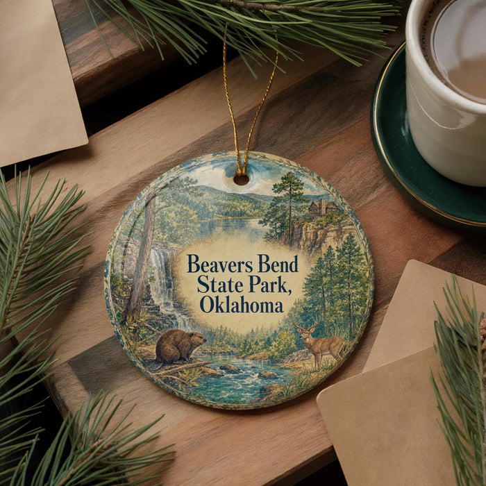 A circular ornament featuring a scenic image of Beaver Bend State Park in Oklahoma, with a bear and deer in the foreground and a waterfall in the background.