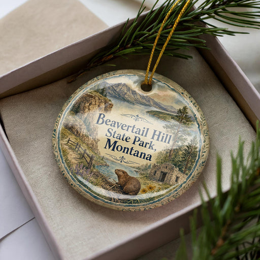 A decorative ornament in a box, featuring a scenic image of Beavertail Hill State Park, Montana.