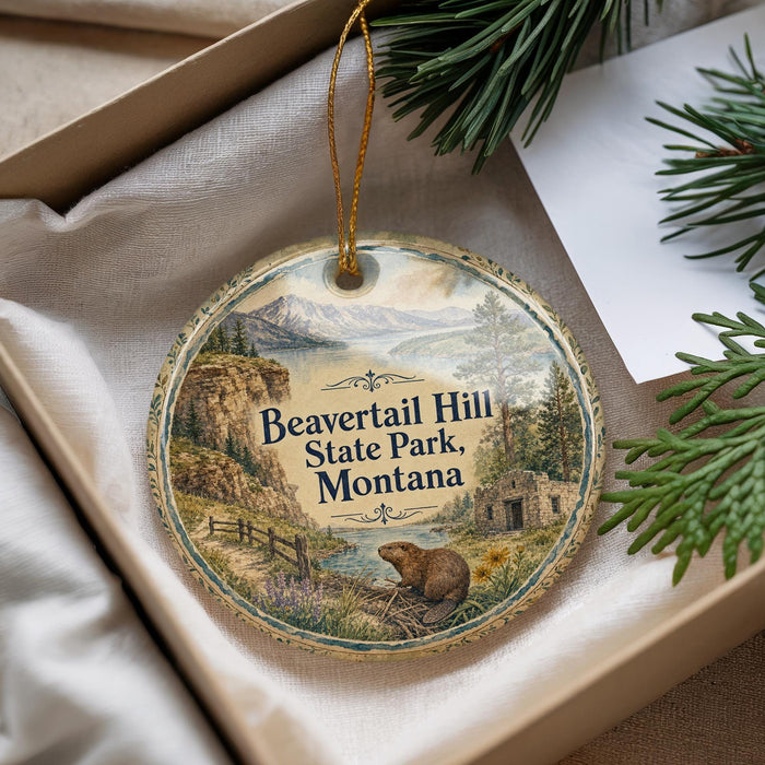 A round ornament with a scenic image of Beavertail Hill State Park, Montana, hanging from a string.