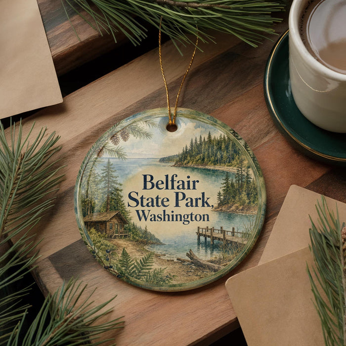 A round ornament with a scenic image of Belfair State Park in Washington, featuring a cabin, pine trees, and a body of water.