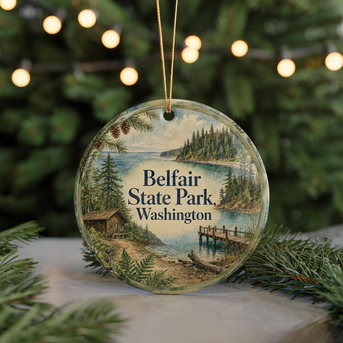 A round ornament with a scenic image of Belfair State Park in Washington, featuring a cabin, pine trees, and a body of water.