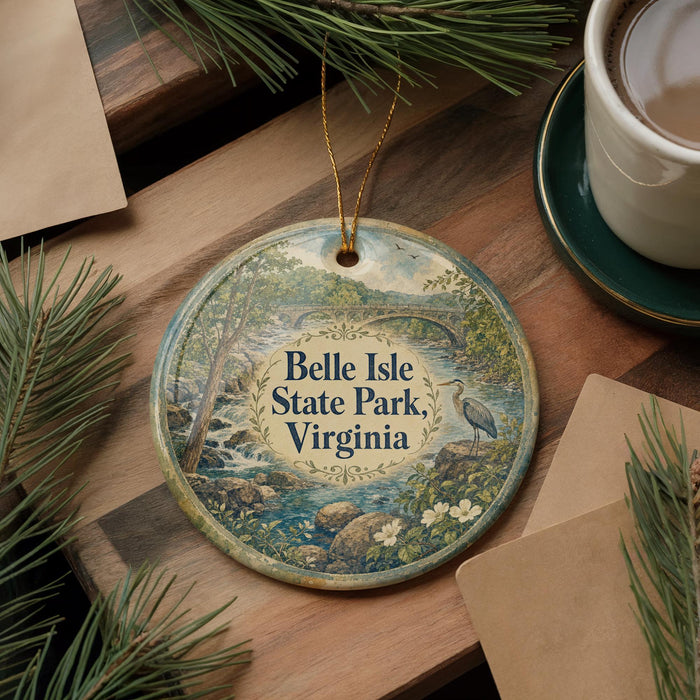 A round ornament with a scenic image of Belle Isle State Park, Virginia, hangs on a wooden surface.