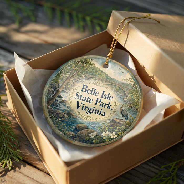 A decorative ornament in a wooden box, featuring a scenic landscape with a river, trees, and a bird.