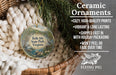 Ceramic ornaments, including a round ornament with a scenic image of Belle Isle State Park, Virginia, hanging from a wicker basket.