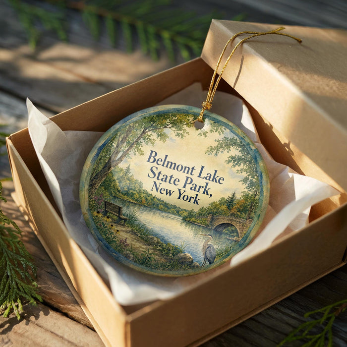 A decorative ornament in a box, featuring a scenic landscape with a lake, trees, and a bridge.