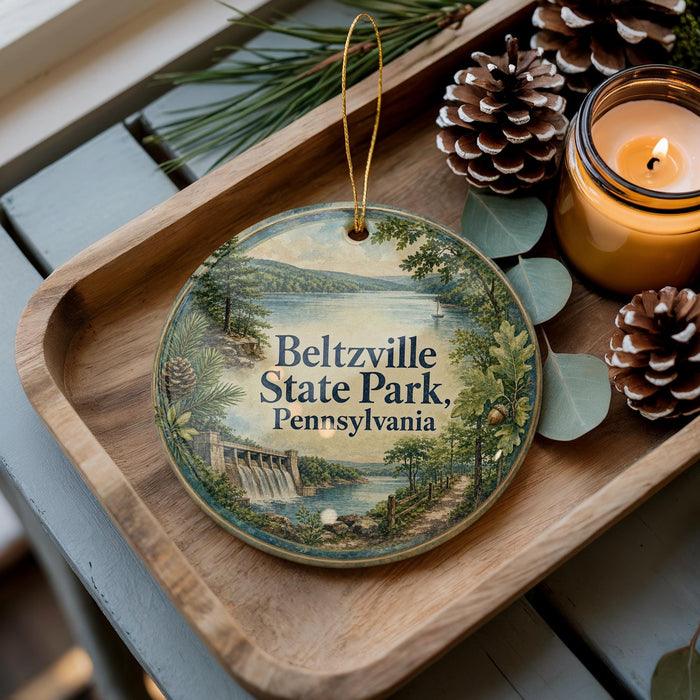 A round ornament with a scenic image of Belzville State Park, Pennsylvania, is displayed on a wooden tray alongside pine cones and a lit candle.