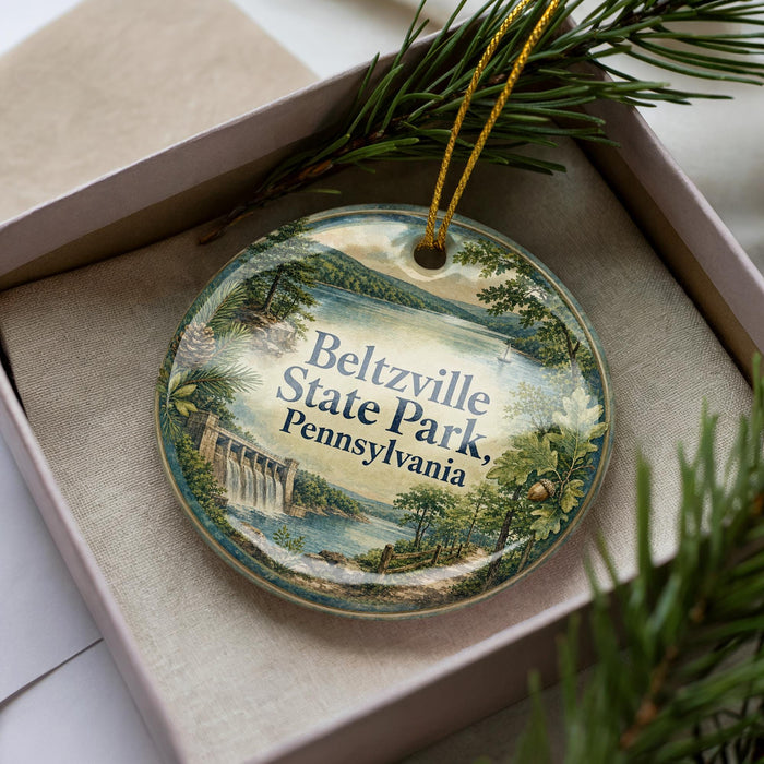 A decorative ornament in a box, featuring a scenic landscape with a waterfall and trees, with the text "Beltzville State Park, Pennsylvania" prominently displayed.