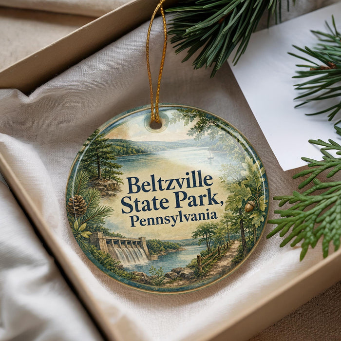 A round ornament with a scenic landscape of Beltzville State Park, Pennsylvania, hanging from a string.
