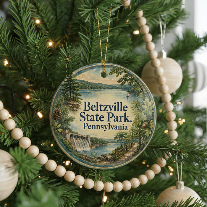 A round ornament hanging on a Christmas tree, featuring a scenic landscape of Beltzville State Park, Pennsylvania.