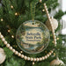 A round ornament hanging on a Christmas tree, featuring a scenic landscape of Beltzville State Park, Pennsylvania.