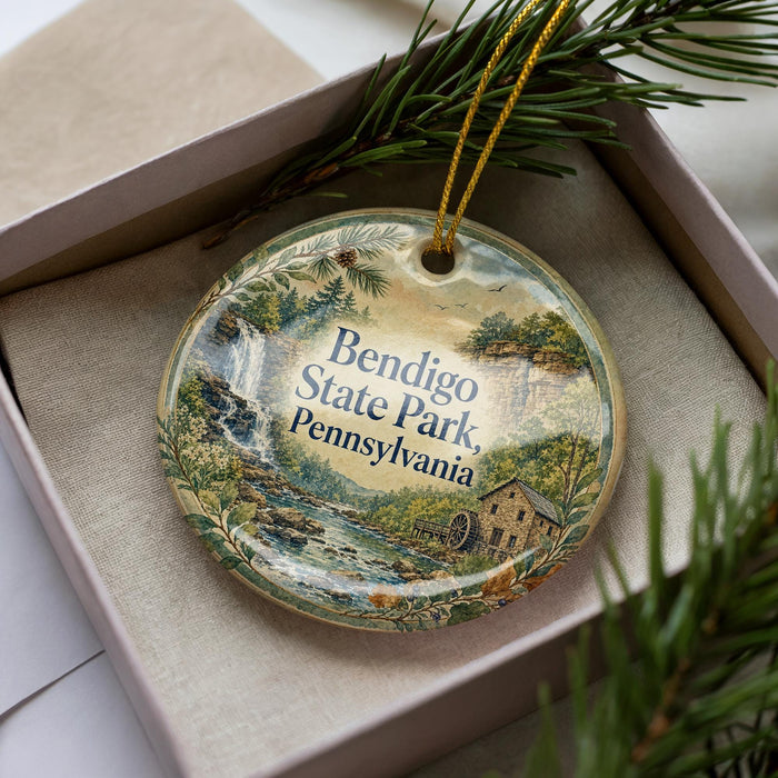 A decorative ornament in a box, featuring a scenic landscape with a waterfall and a house, with the text "Bendigo State Park, Pennsylvania" prominently displayed.