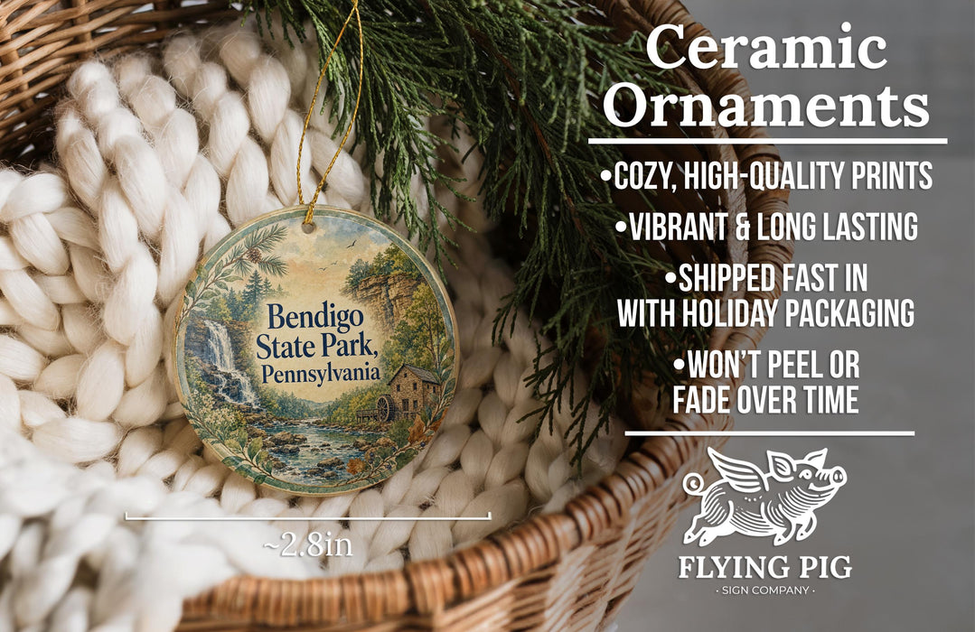 Ceramic ornaments, featuring a detailed illustration of Bendigo State Park, Pennsylvania, hanging from a wicker basket.