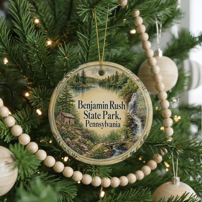A round ornament hanging on a Christmas tree, featuring a scenic landscape with a waterfall and a cabin.