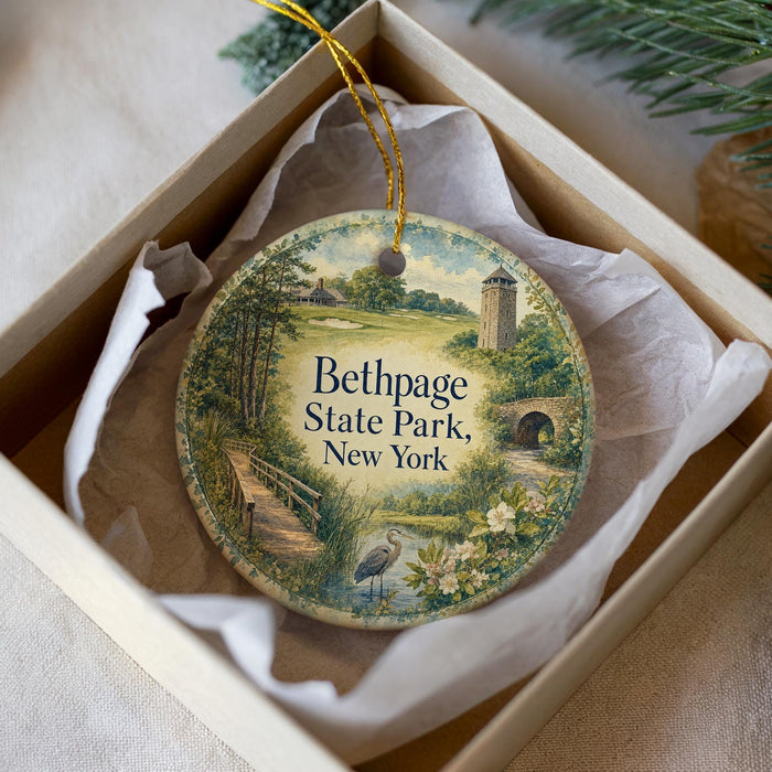 A decorative ornament in a box, featuring a scenic landscape with a bridge, trees, and a bird, along with the text "Bethpage State Park, New York".