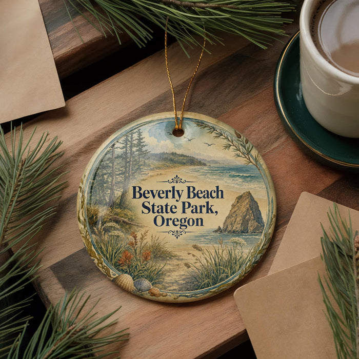 A round ornament with a scenic landscape of Beverly Beach State Park, Oregon, featuring a beach, mountains, and pine trees.