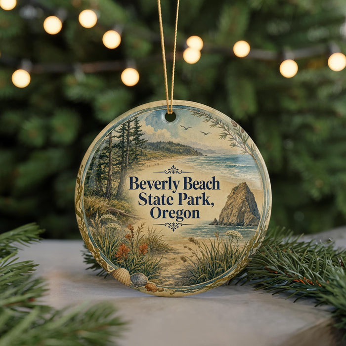 A round ornament with a scenic beach landscape and text that reads "Beverly Beach State Park, Oregon" is displayed on a table with pine branches in the background.