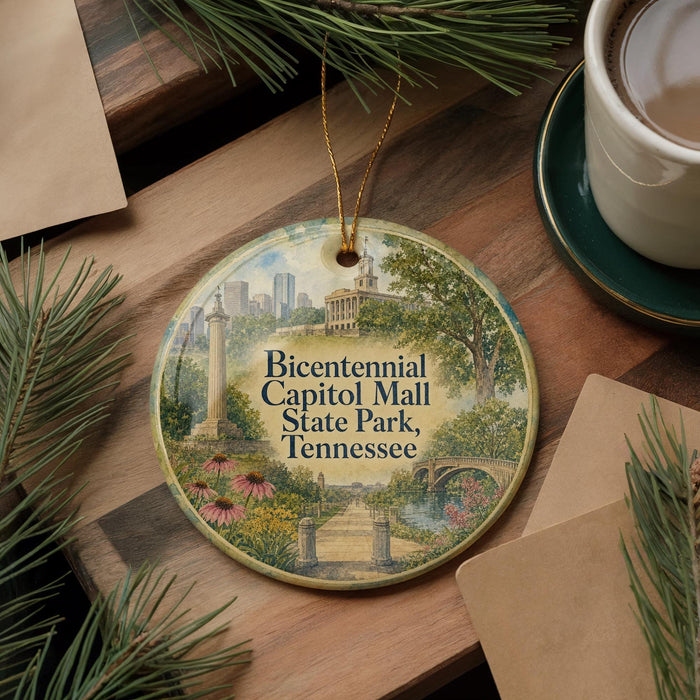 A decorative ornament featuring an illustration of Capitol Mall in Tennessee, with a cityscape and greenery surrounding it.