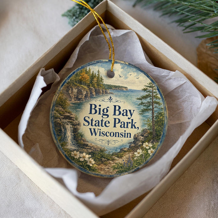 A decorative ornament in a box, featuring a scenic landscape with a waterfall and a lake, along with the text "Big Bay State Park, Wisconsin".