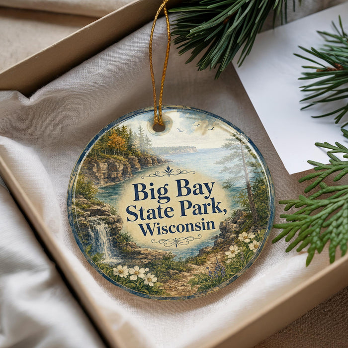 A decorative ornament with a scenic landscape of Big Bay State Park, Wisconsin, featuring a waterfall and pine trees.