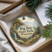 A decorative ornament with a scenic landscape of Big Bay State Park, Wisconsin, featuring a waterfall and pine trees.