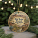 A round ornament with a scenic image of Big Bend Ranch, a ranch in Texas, featuring a horse, cactus, and a house.