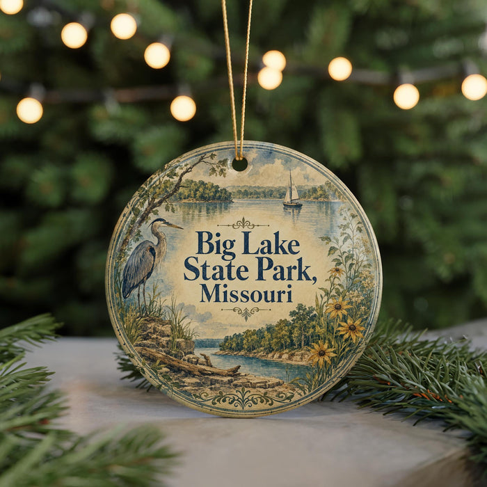 A round ornament with a scenic image of Big Lake State Park, Missouri, featuring a bird, a sailboat, and a river surrounded by trees.