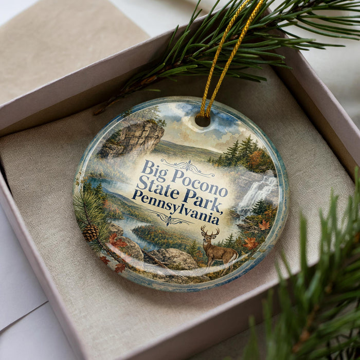 A decorative ornament in a box, featuring a scenic landscape with a waterfall, pine trees, and a deer.