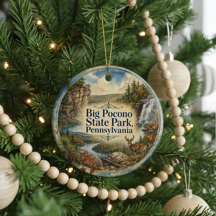 A round ornament hanging on a Christmas tree, featuring a scenic landscape with a waterfall and pine trees.