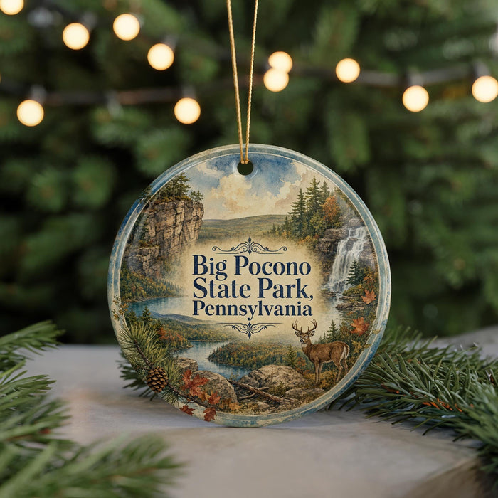 A decorative ornament featuring a scenic landscape with a waterfall, pine trees, and a deer, hanging from a string.
