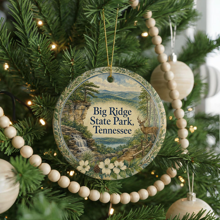 A Christmas tree decorated with ornaments, including a circular ornament with a scenic image of Big Ridge State Park, Tennessee.