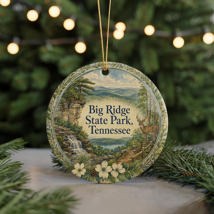 A decorative ornament featuring a scenic landscape of Big Ridge State Park, Tennessee, with a deer and waterfall in the background.