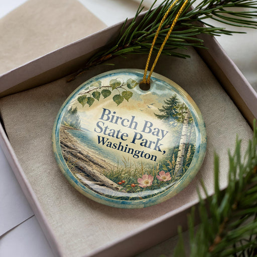 A decorative ornament in a box, featuring a scenic landscape with a body of water, trees, and flowers.