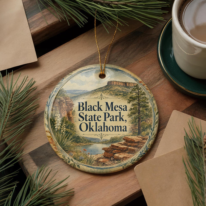 A decorative ornament featuring a scenic image of Black Mesa State Park, Oklahoma, with pine branches and a cup of coffee nearby.
