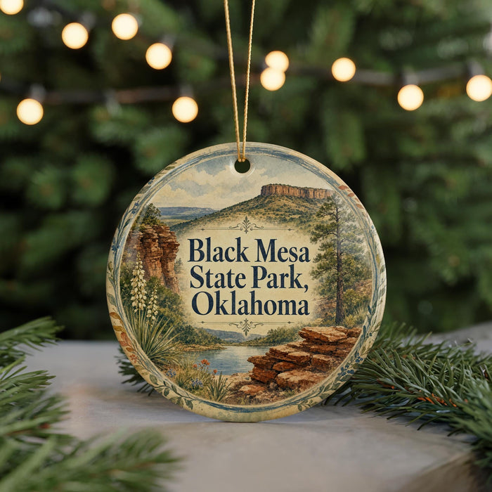 A decorative ornament featuring a scenic landscape with mountains, trees, and a body of water, hanging from a string.