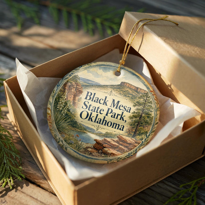 A decorative ornament in a box, featuring a scenic landscape with mountains and a river.