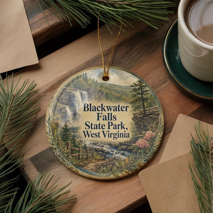 A decorative ornament featuring a scenic image of Blackwater Falls, State Park, West Virginia, with pine branches and a cup of coffee nearby.