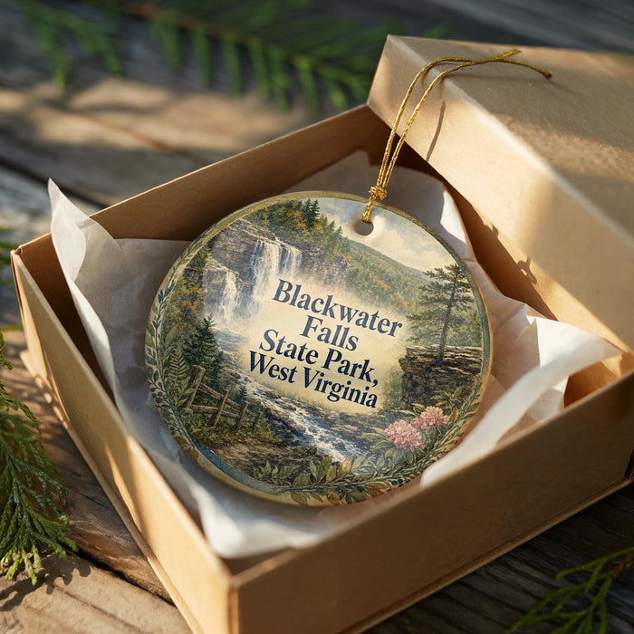 A decorative ornament in a brown box, featuring a scenic image of Blackwater Falls State Park West Virginia.