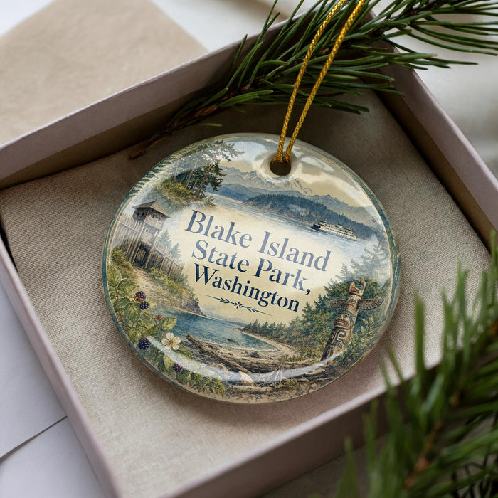 A decorative ornament in a box, featuring a scenic landscape with mountains, a lake, and a cabin.