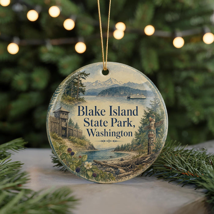 A round ornament with a scenic image of Lake Island, Washington, featuring a boat on the water, surrounded by pine trees and mountains.